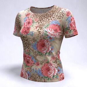 VTG‎ Graff Mixed Print Leopard Floral Rose Short Sleeve Top Tan Pink Women S